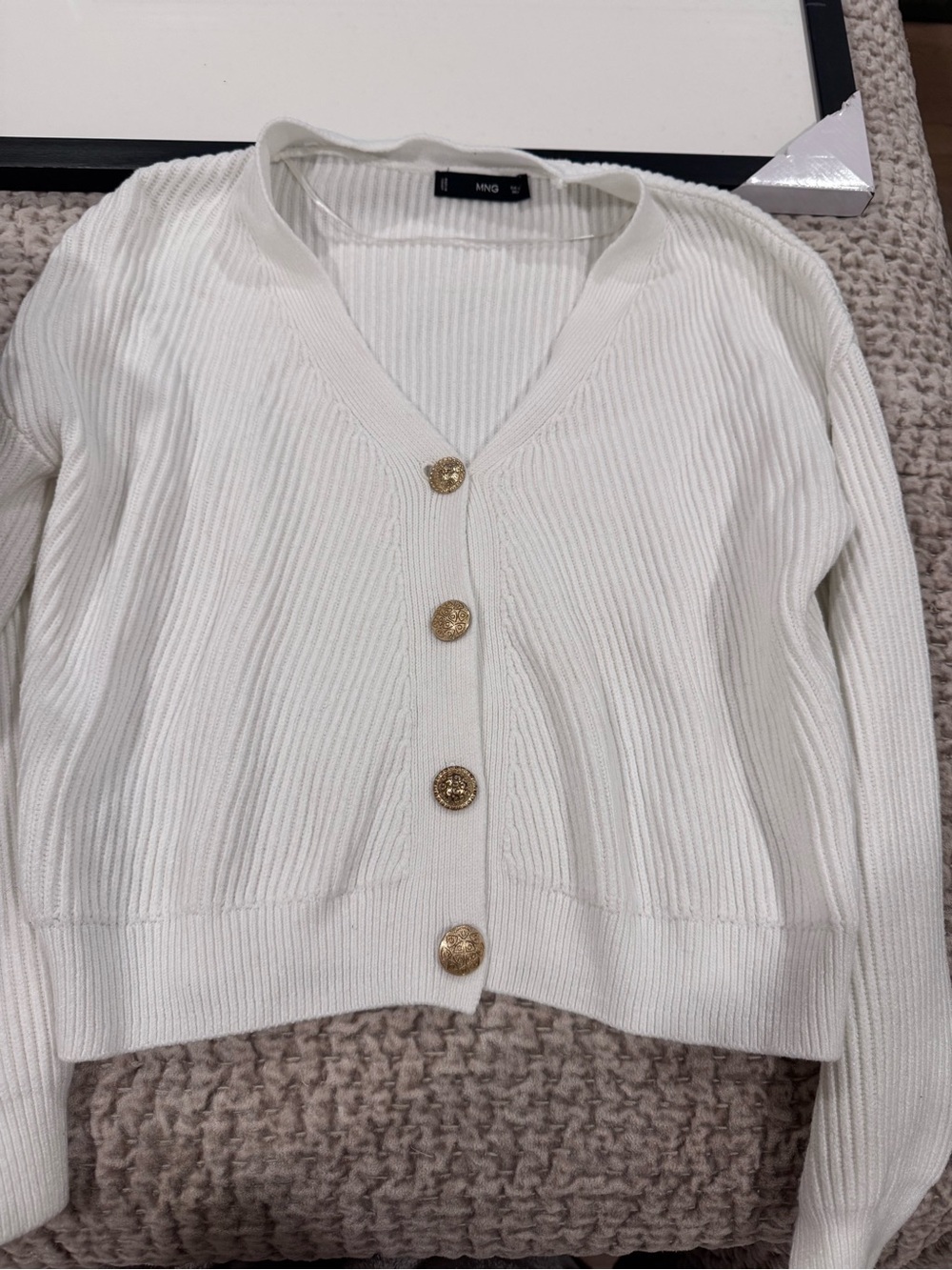 Mango Cream Ribbed V-Neck Cardigan with Gold Buttons